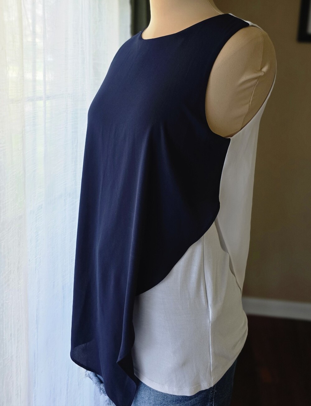 WHBM Navy Blue & White Asymmetrical Layered Sleeveless Tank Top Coastal XSmall